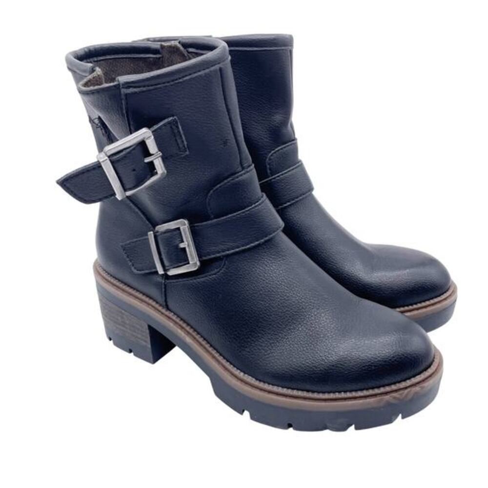 B.O.C Womens Monika Black Cushioned Round Toe Block Heel Zip-Up Combat Boots 8.5